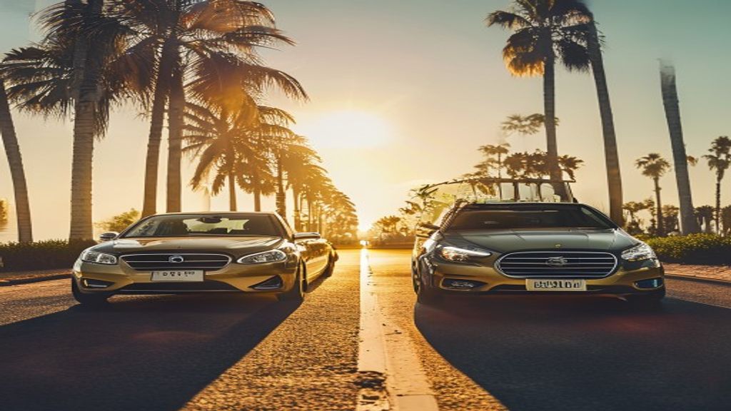 Two modern mid-size sedans parked side by side on a sunlit Florida coastal road, palm trees in the background, cinematic